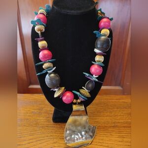 Colorful Beaded Necklace with Large Brass Pendant (200)